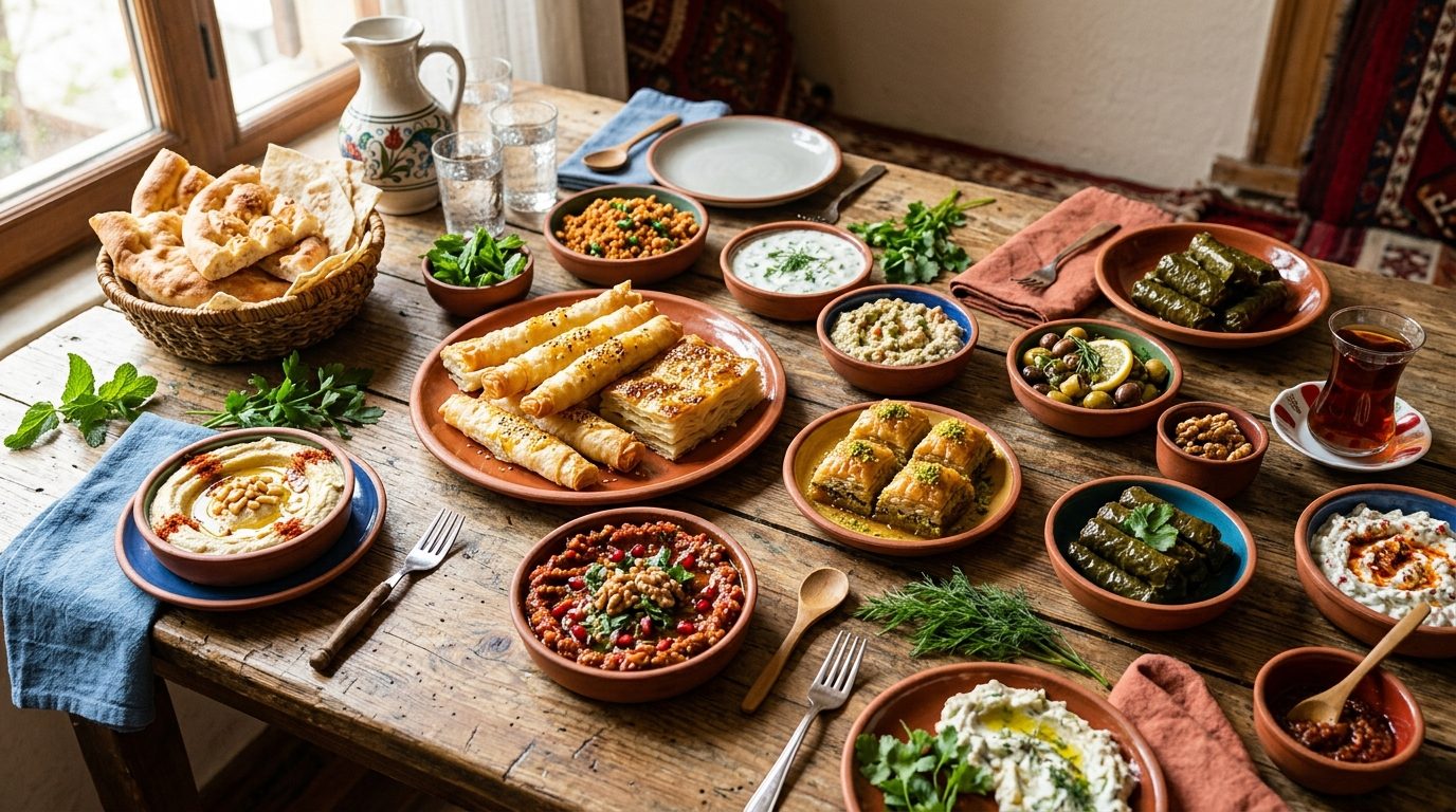 A richly photographed spread of Turkish meze, börek, and baklava